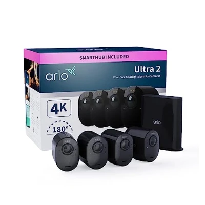 Image of Arlo Ultra 2 Security Camera Outdoor, 4K UHD, Wireless CCTV, 6 Month Battery, Colour Night Vision, Weatherproof, Bright Spotlight, Way Audio, Cam Kit, Secure Trial Included, Black