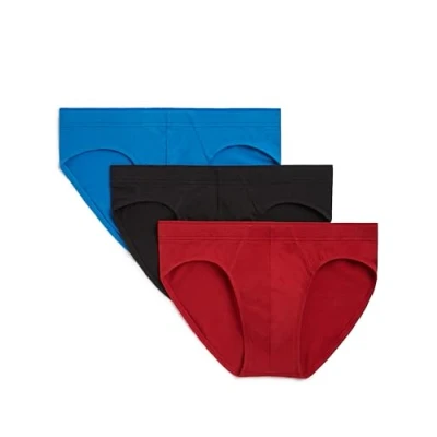 Image of 2(X)IST Men&#039;s Cotton Stretch No Show Brief 3 Pack, Sliq Scotts Red/Skydiver Blue/Black, S