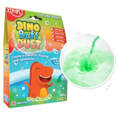 Image of Dino Baff Dust 2 Bath Pack from Zimpli Kids, Fizzing, Scented Powder for Children, Great Gift Filler Boys and Girls, Dinosaur Toys Boys, Bomb Fizz, Vegan Friendly &amp; Cruelty Free