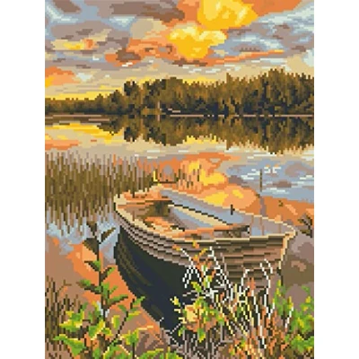 Image of OWN4B Cross Stitch Kits Stamped, Lakeside Boat Printed Pattern 11CT 14.2x18.1 inch DIY Embroidery Kit (Boat)