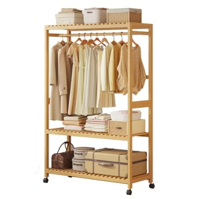 Image of Meedlopia Fashion Bamboo Clothes Rack on 4 Wheels, Garment Storage Trolley Rolling Cart Freestanding, Rail with Shelves, Rack,