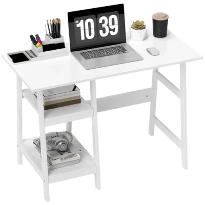 Image of HOMCOM Compact Computer Desk with Storage Shelves, Study Table Bookshelf, PC Workstation for Home Office, Study, Easy Assembly, 106 x 51cm, Whi