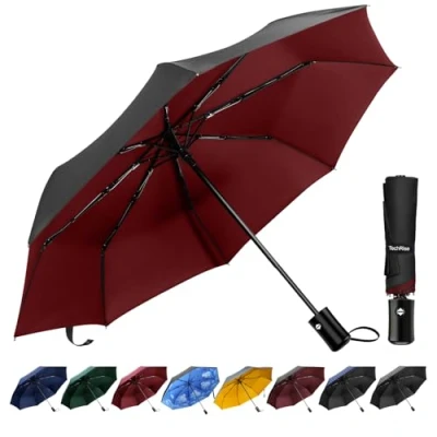 Image of TechRise Umbrella, Compact Strong Windproof Automatic Umbrellas, Folding Lightweight, Portable Travel Golf Umbrella for Rain, One Button Auto Open and Close, Red&amp;Black