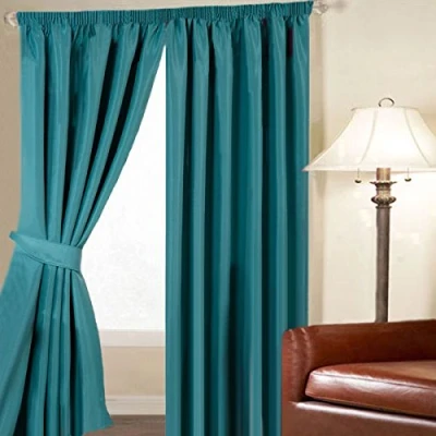 Image of Linens Limited Faux Silk Thermal Blackout Pencil Pleat Curtains, Teal, 46 x 54 Inch