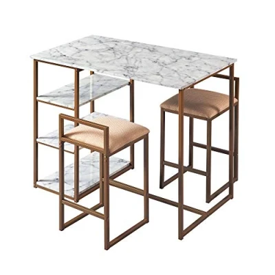 Image of VERSANORA Teamson Home Marmo 3 Pieces Breakfast Dining Set, Bar Table &amp; 2 Padded Stool Chairs with Storage, Faux White Marble Tabletop Gold Brass Finish Legs