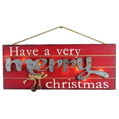 Image of Christmas Concepts® 18cm (7&quot;) Warm White LED Light Up Wooden Hanging Merry Plaque Traditional Decorations