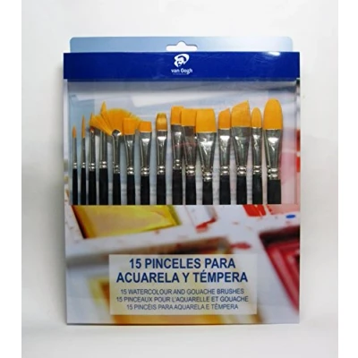 Image of Van Gogh Brush Set of 15, Blue Watercolour and Pocket Tempera, Rattail Handle, 15 Pieces
