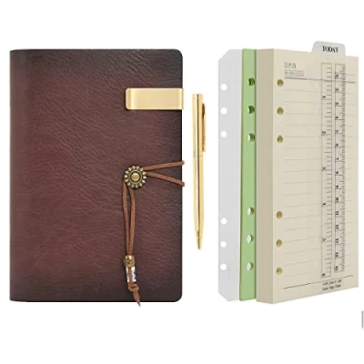 Image of WONDERPOOL A6 Leather Diary Lined Paper Notebook &amp; Pen Refillable 6 Ring Binder Writing Spiral journal for Office Travel Work and Plan Agenda(a Coffee, A6)