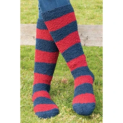 Image of Rhinegold Womens Thick Fluffy Knee High Equestrian Long Socks Navy &amp; Red Winter Leg Warmer Horse Riding for Women Ladies Soft Length Bed Socks,