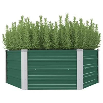 Image of vidaXL Hexagon Raised Garden Bed 129x129x46 cm Galvanized Steel Sturdy Interior Brackets Simple Assembly Green Finish