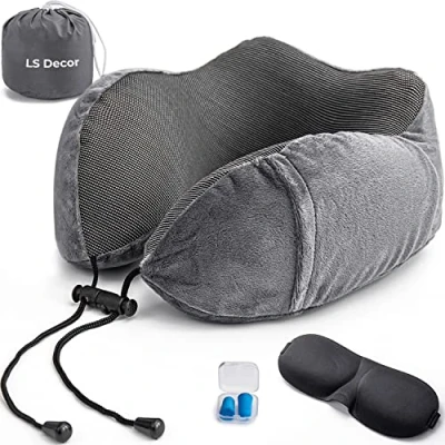 Image of LS Decor Travel Pillow Memory Foam Neck Portable Comfortable Head Support for Airplane Car Train Home &amp; Office Sleeping Rest Cushion with Eye Masks Earplugs Carry Bag (GREY)