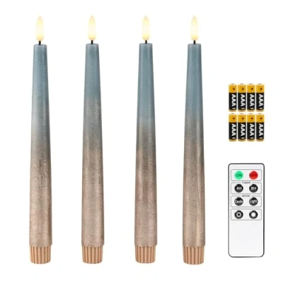 Image of Fanna 4 Flameless LED Taper Candles with Timer in Real Wax, Battery Operated Rustic Metallic Dinner Candlesticks Remote, 8 Batteries Included H24.5cm Misty Blue/Copper