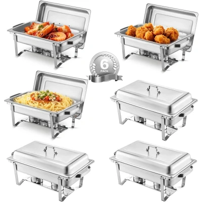 Image of VEVOR Chafing Dish Buffet Set, 8 Qt 6 Pack, Stainless Steel Chafer with Full Size Pans, Rectangle Catering Warmer Server Lid Water Pan Stand Fuel Holder, for Weddings Parties Banquets, Silver