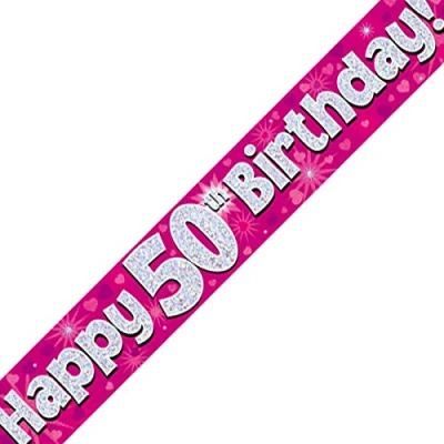 Image of OakTree 624542&quot; Happy 50th Birthday Foil Holographic Banner, Pink, 9 ft