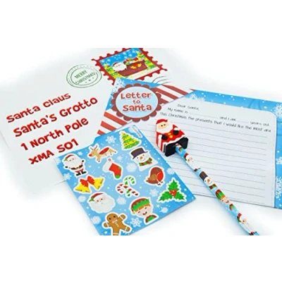 Image of Henbrandt Christmas Letter to Santa Claus 5 Piece Activity Pack for Kids Xmas Writing Set with Sticker Sheet and Pencil Eraser Card Stocking Fillers Father Present Wish List