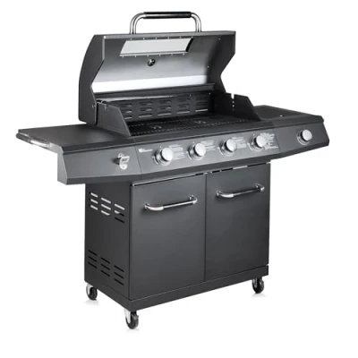 Image of Fire Mountain Everest Pro 5 Burner Premium Gas BBQ, Outdoor Barbecue Grill, 4 Main + 1 Side Burner, Lid with Glass Window and Built in Thermometer, Family Sized Cooking Area for Large BBQ