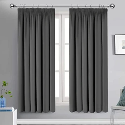 Image of Oxford Homeware Blackout Curtains Bedroom Pencil Pleat Readymade Living Room Window Curtain Tape Top Thermal Insulated Kitchen Curtains+ 2 Tiebacks (Grey, 66&quot; x 54&quot; (168cm 137cm))