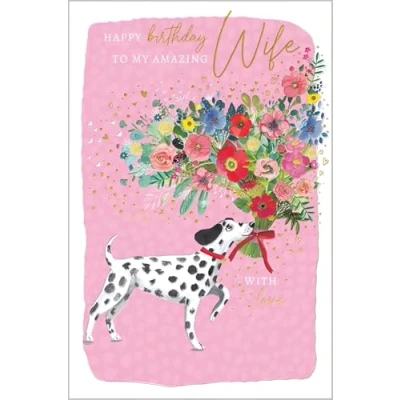 Image of Abacus Cards Wife Birthday Card Happy with Dalmatian Dog and Flowers Design Special Finishes for Women