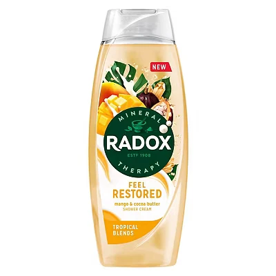 Image of Radox Mineral Therapy Feel Restored Shower Cream Body Wash uniquely blended with minerals, herbs and a mango &amp; cocoa butter scent for mood boosting experience 450 ml