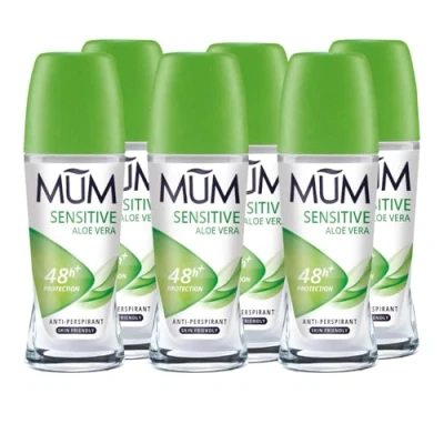 Image of Mum Sensitive Aloe Vera Roll On Deodorant, 48 Hours Plus Protection, Alcohol Free for Skin Womens Mens Anti Perspirant, Vegan, Sustainable Glass Bottle, 50 ml, Pack of 6