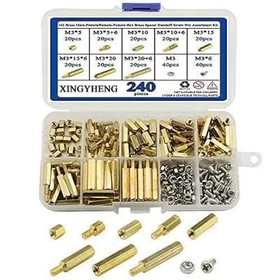Image of BGTXINGI 240pcs M3 Brass Male Female/Female Female Hex Spacer Standoff Screw Nut Assortment Kit and Stainless Steel Set (Brass M3)