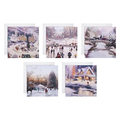 Image of Hallmark Multipack Christmas Cards, Charity Pack of 30 in 5 Thomas Kinkade Designs, Ice Skating, Winter Activities