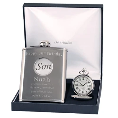 Image of Engraved 30th Birthday Pewter &#039;Son&#039; Feature Mother of Pearl Pocket Watch and Hip Flask Gift Set