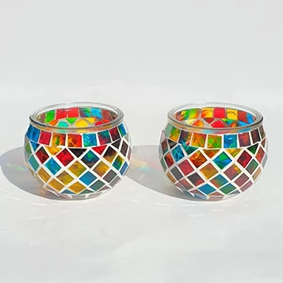 Image of Mosaic Glass Candle Holder Vintage Jar Tealight Holders, Home Decoration with upto 8 Hour Burn Tea Light Candles (Multicolour Twin)