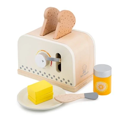 Image of New Classic Toys 10706 Wooden Pretend Play Kids Set Cooking Simulation Educational Color Perception Toy for Preschool Age Toddlers Boys Girls, Red, Toaster White