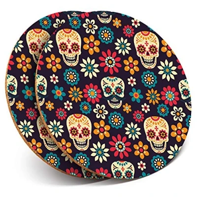 Image of 2 x Round Coasters Flowery Sugar Skull Floral Mexican Cork Backed Home Kitchen Accessory Tea Coffee Mug Mat #8780