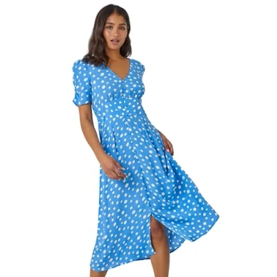 Image of Roman Originals Swing Tea Dress for Women UK Ladies Skater Midi A Line Fit &amp; Flare Summer Casual Smart Spring Cocktail Party Going Out Work Cruise Button Through Long Light Blue Size 12