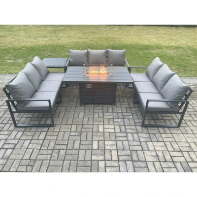 Image of Aluminium 9 Seater Garden Furniture Outdoor Set Patio Lounge Sofa Gas Fire Pit Dining Table with Side Dark Grey Fimous