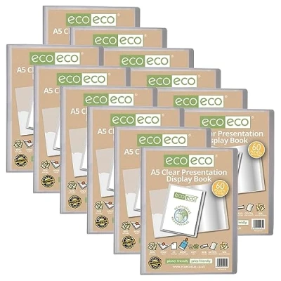 Image of eco A5 Size 50 Percent Recycled 60 Pocket Clear Presentation Display Book, Storage Case Portfolio Art Folder with Plastic Sleeves, Pack of 12, eco131x12