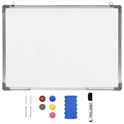 Image of vidaXL Magnetic Dry Erase Whiteboard in White, Aluminium Frame, Stainless Steel Surface, Includes Marker, EVA Eraser and Magnets, Perfect for Home or Office, Size 90x60 cm