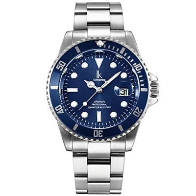 Image of Alienwork Watch Men Women Silver Stainless Steel Metal Strap Calendar Date Navy Blue Classic Elegant