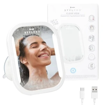 Image of STYLPRO Anti Fog Bathroom Mirror: Heated, LED Lighting, Secure Suction, Squeegee Included. Makes Shaving, Cleansing, and Washing in Shower Easy. Water Resistant, Rechargeable, Sleek Design.