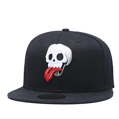 Image of Quanhaigou Skull Skeleton Baseball Cap, Men Solid Flat Bill Adjustable Snapback Hats Unisex, Black White, One Size