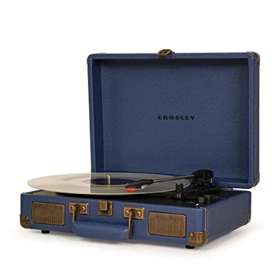 Image of Crosley Cruiser Plus Portable Turntable Bluetooth Record Player, 3 Speed Suitcase Vinyl Home Turntables for Records, Built in Stereo Speakers &amp; Receiver, AUX Input, Navy