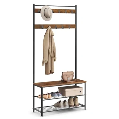 Image of VASAGLE Coat Rack, Stand with Shoe Storage Bench, Hall Tree 3 in 1 Design, Steel Frame, for Hallway, Entrance, 32 x 85 175 cm, Industrial, Rustic Brown and Black HSR401B01
