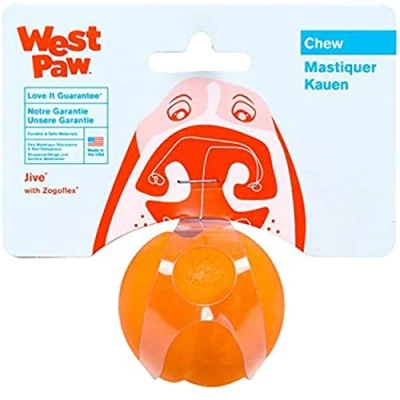 Image of WEST PAW Zogoflex Jive Ball Dog Chew Toy Bouncing Toys for Dogs, Fetch, Catch, Chewing, Play Floatable, Recyclable Balls Latex Free, Non Toxic, Dishwasher Safe (Tangerine, X Small)