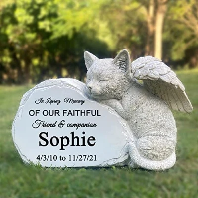 Image of CUDMORERBE Personalized Pet Cat Memorial Stone With A Sleeping Angel Statue, Grave Markers, Headstone Tombstone In Loving Memory of.
