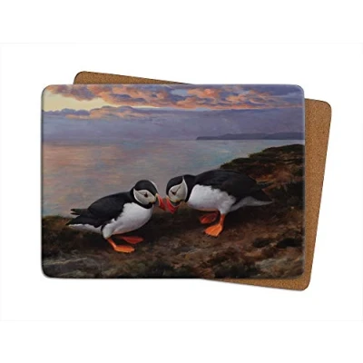 Image of Julian Friers Puffins Beak Bashing Large Table Mat by Wildlife Artist Non slip Cork backed Placemat