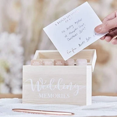 Image of Ginger Ray Wooden with White Text Wedding Memory Box 75 Cards