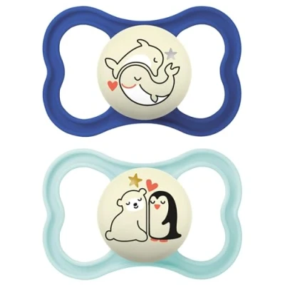 Image of MAM Supreme Night Pacifiers (2 Pack, 1 Sterilizing Pacifier Case), Best for Breastfed Babies 16+ Months, Glow in The Dark Pacifiers, Boy