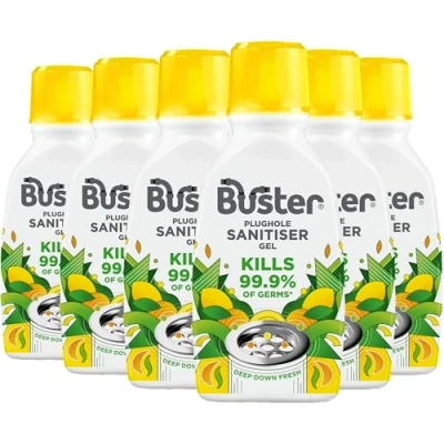 Image of Buster Plughole Sanitiser Gel, 6x300ml, Stop Smelly Plugholes and Drains Fast Tackle Stains in Stainless Steel Sinks Overflows Deep Down Freshness Results