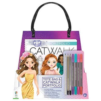 Image of Hinkler Pop Fashion Portfolio Tote Bag &amp; Catwalk Designer and Pencils for Kids Includes 64 Page Book, Coloured Pencils, Outfit Stickers More