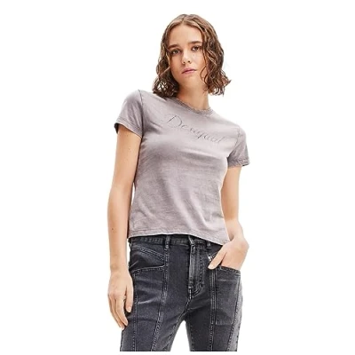 Image of Desigual Maya Pink/Grey Rhinestone Logo Tshirt 23WWTKB8