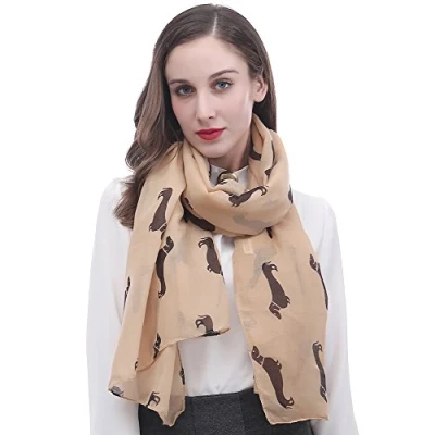 Image of Lina &amp; Lily Dachshund Sausage Dog Print Women&#039;s Scarf Shawl Wrap Lightweight (Camel)