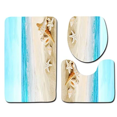 Image of Shinewe Beach Seashells Starfish Sand Bath Mat Holidays Summer Bathroom Carpet Rug Non Slip 3 Piece Toilet Set (Light Colored Beach)