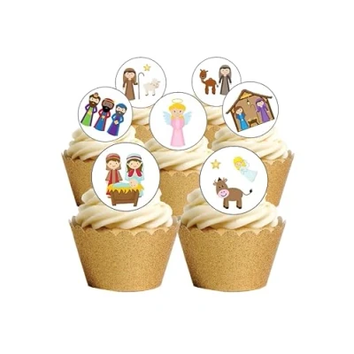 Image of 24 PRECUT Childrens Christmas Nativity Edible Wafer Paper Round Cake Toppers Decorations